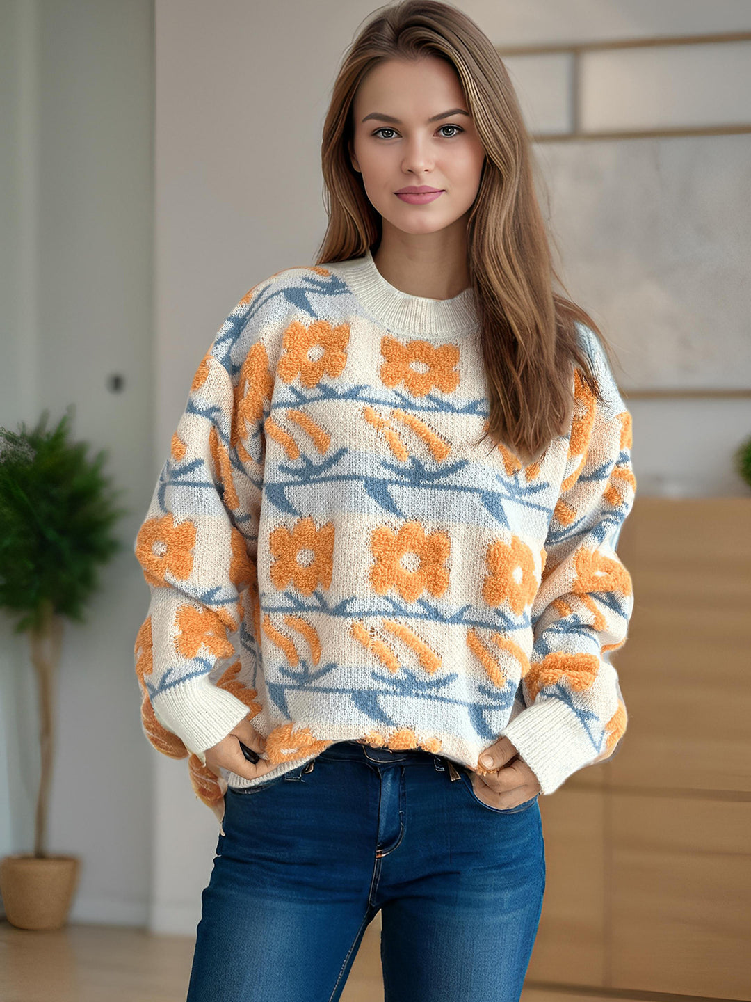 Kvindernes hyggelige strikket sweater med blomster 3D-applikationer Stilla