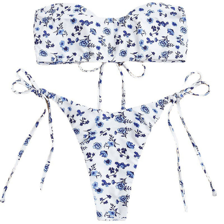 Dame Bandeau-bikini med romantisk blomsterdesign og justerbare snøre detaljer Skovae