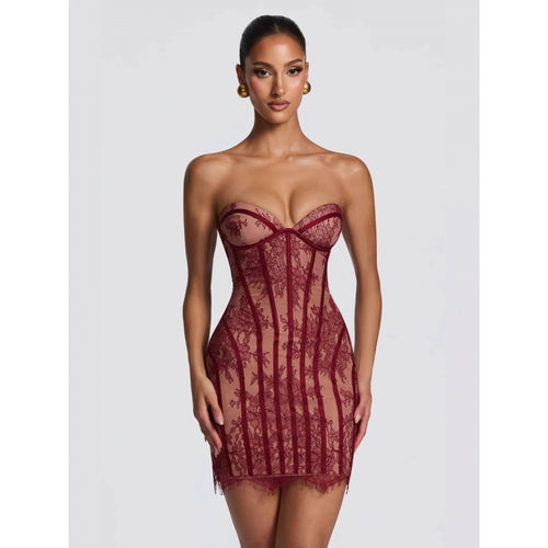 Damen Sexy Spitzenkleid mit gerafftem Schnitt und herzförmigem Ausschnitt Skovae