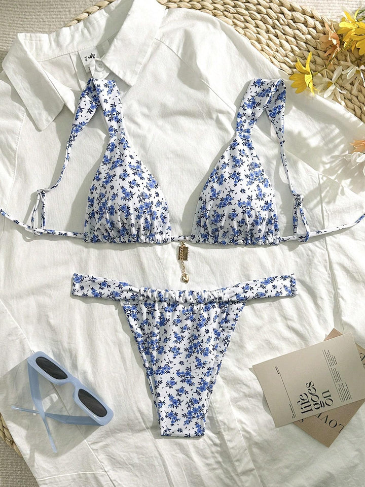 Dame triangel-bikini med blomsterprint og justerbare stropper Skovae