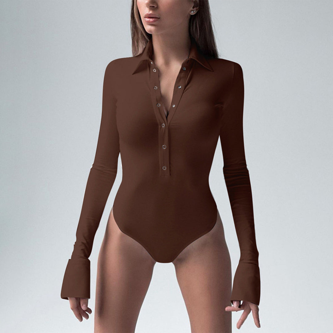 Dame elegant Langærmet bodystocking med knaplukning og stilfulde detaljer Skovae