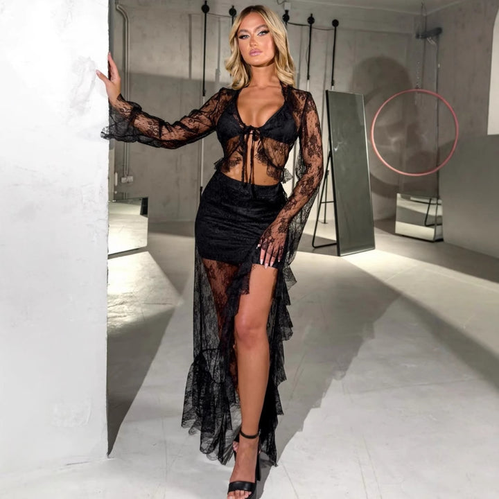 Dame Transparent Bluse med Flæseærmer og fræk Bindebånd Skovae