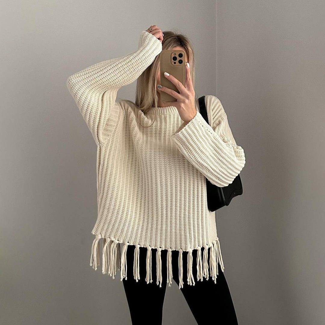 Kvinders casual strikket sweater med frynser og bred pasform Skovae