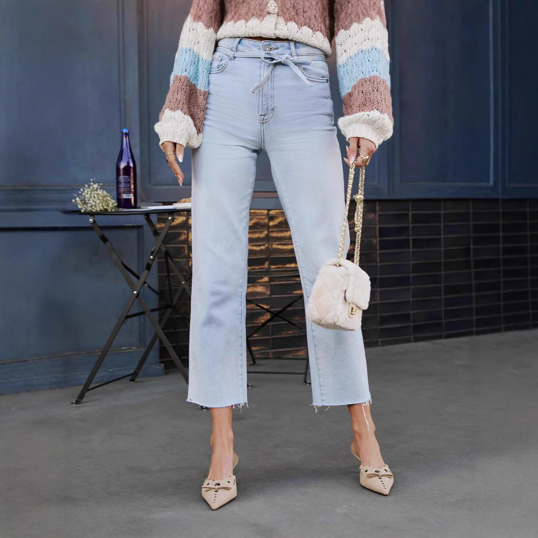 Dame Højtskårne Straight-Leg Jeans med frynsede kanter og bælte Stilla