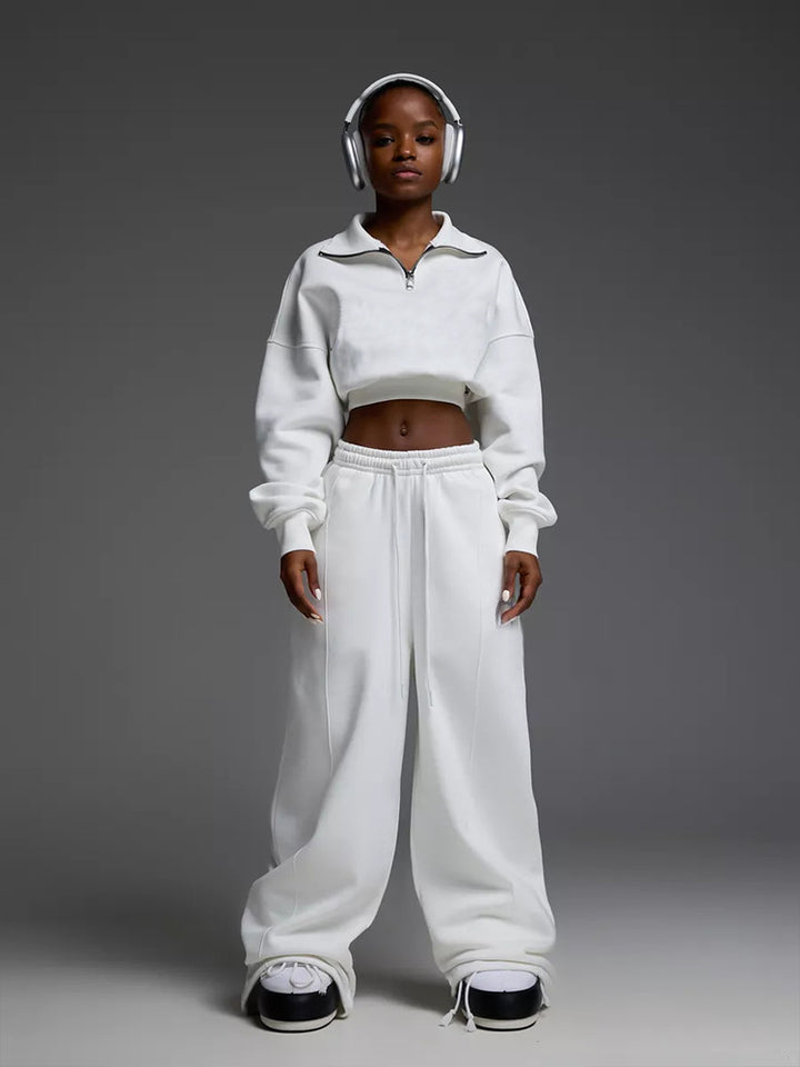 Dame Premium Sweat-Set med kort lynlås og brede bukser Stilla