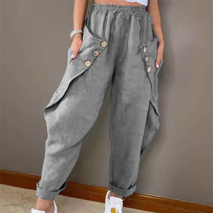 Dame Casual Cargo Bukser med Knapdetaljer og Bred Snit Stilla