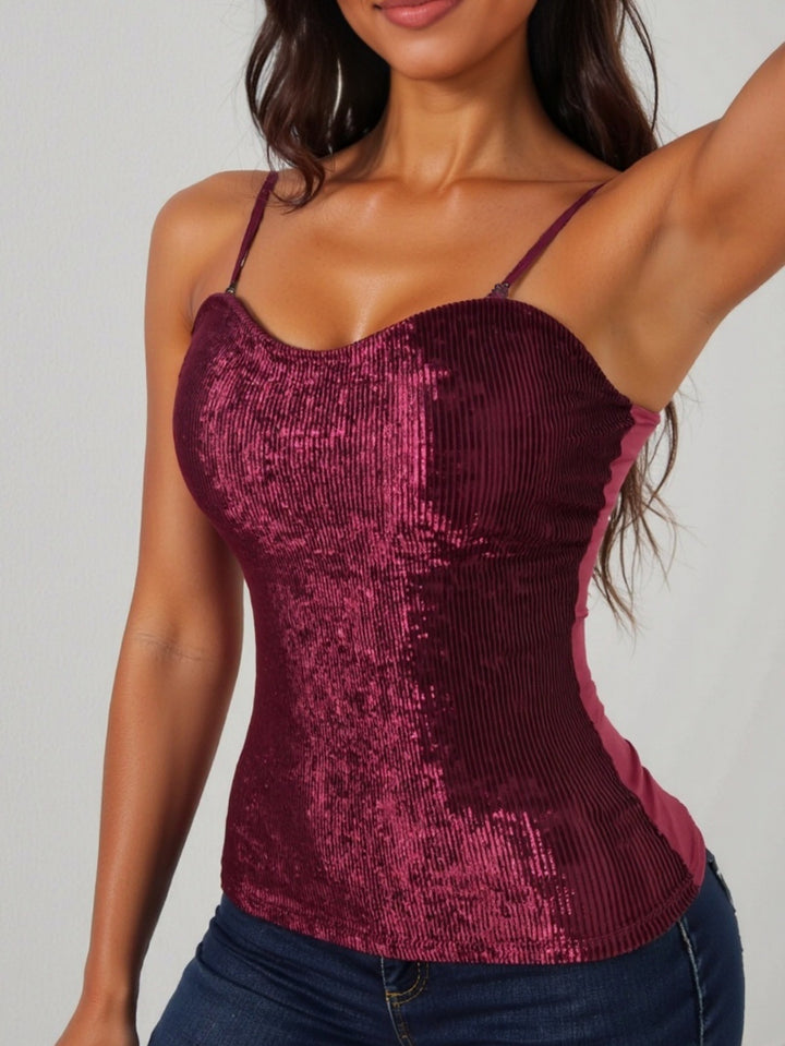 Dame elegant spaghetti straps shirt med luksuriøs paillet dekoration og fin rib strik Skovae