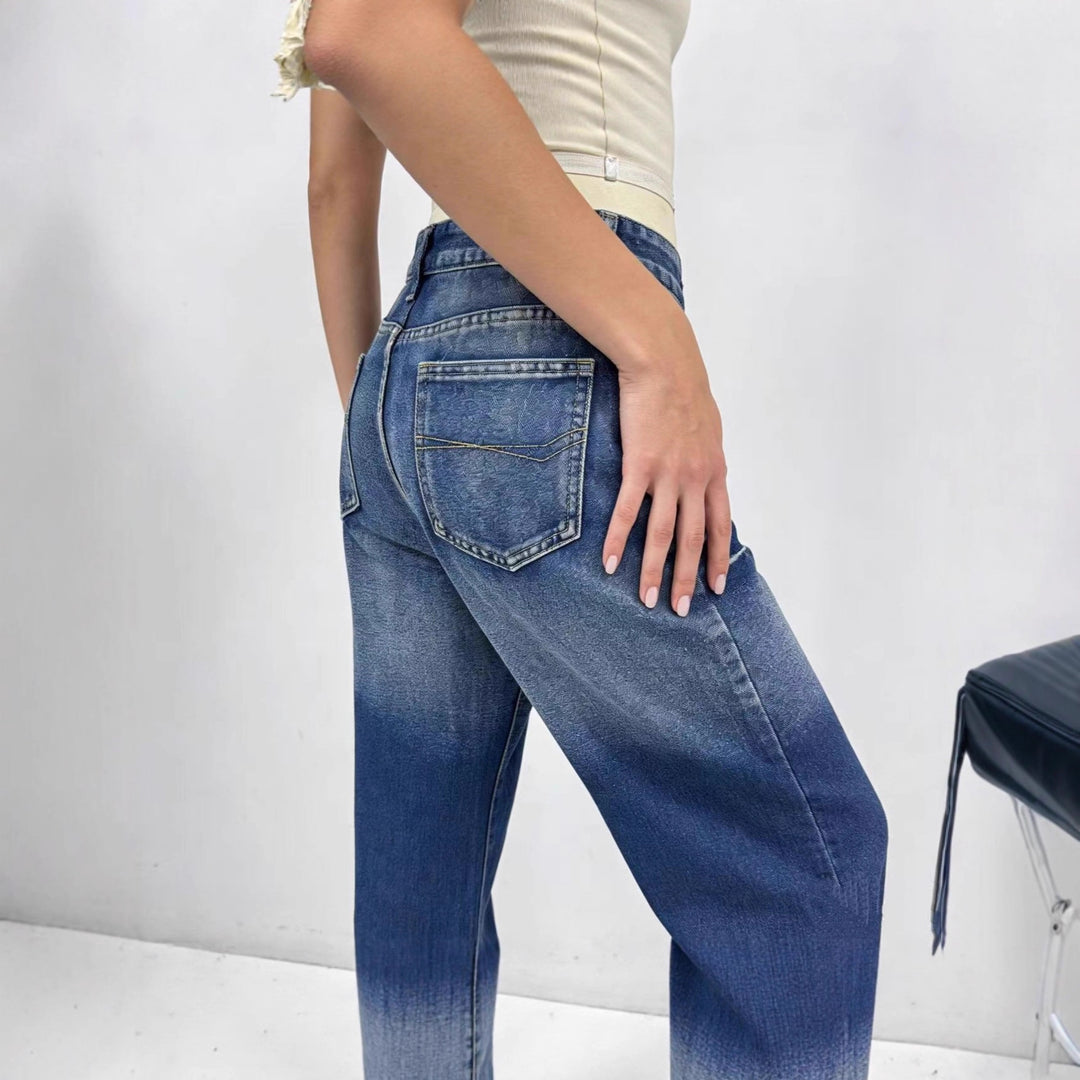 Dame brede højskårede jeans med særlig vaskeeffekt Skovae