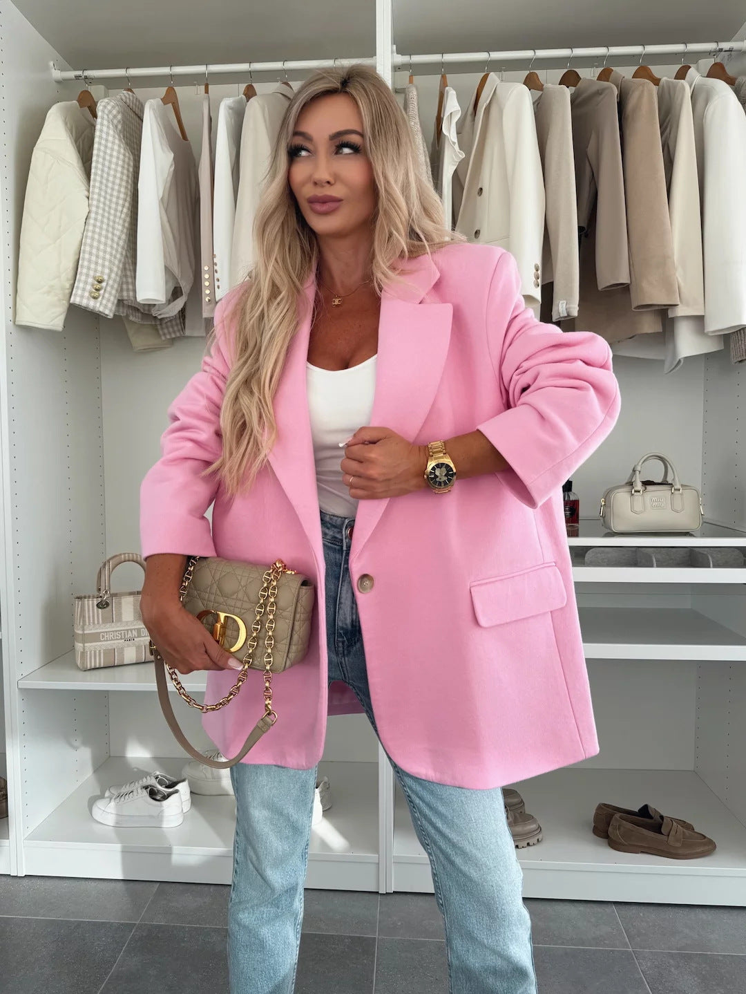 Kvinder Oversized Blazer med Teksturerede Ærmer Skovae