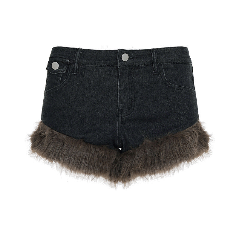 Dame jeans shorts med luksuriøs kunstpels kant Skovae