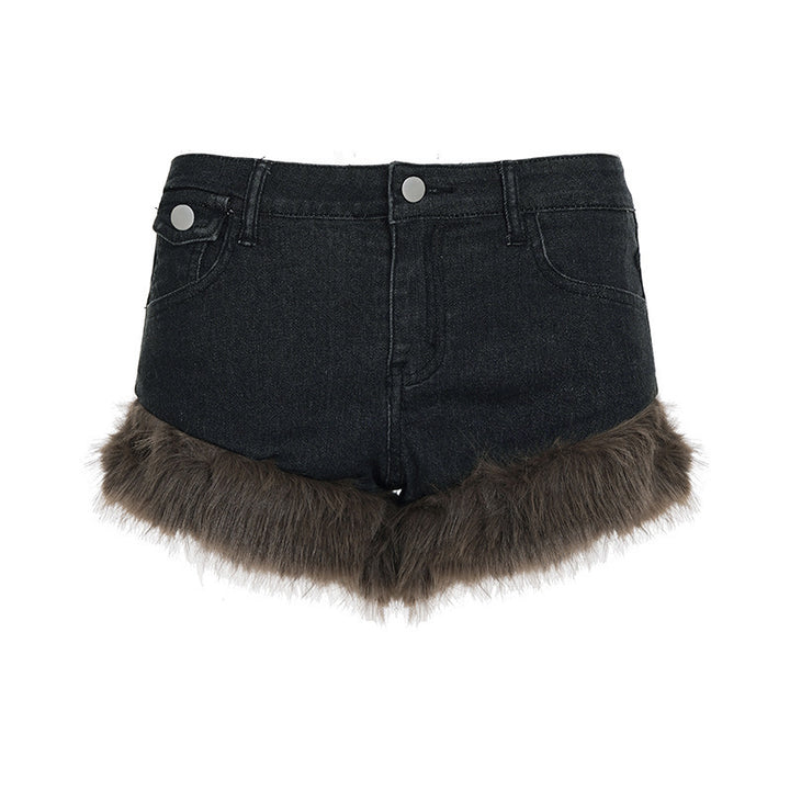 Dame jeans shorts med luksuriøs kunstpels kant Skovae