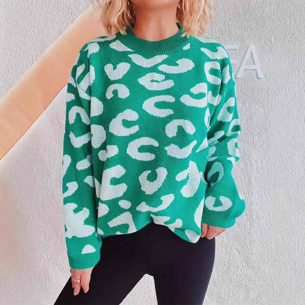 Dame komfortabel oversized pullover med moderne leopardmønster og rund halsudskæring Stilla