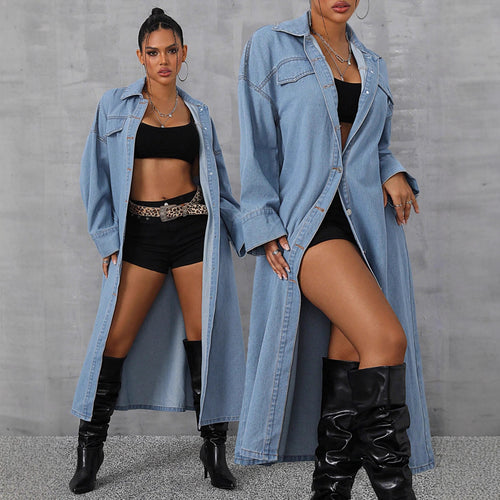Kvinders denim maxi jakke i en afslappet oversized skæring med komfortable trykknapper og praktiske lommer Stilla