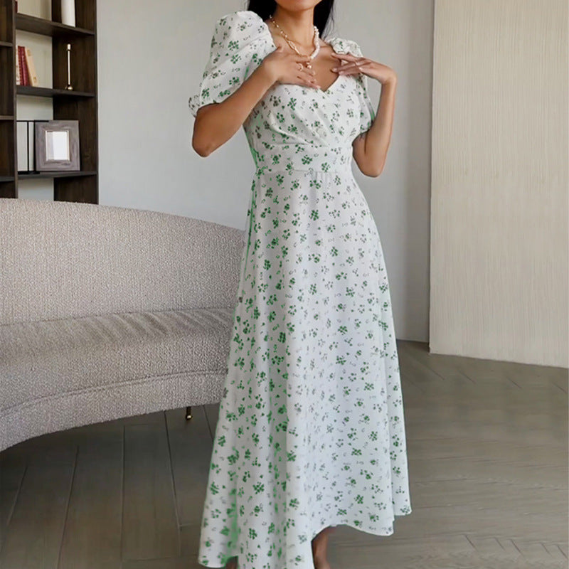 Dame Elegant Maxi Kjole med Puffærmer og Blomster Mønster Stilla