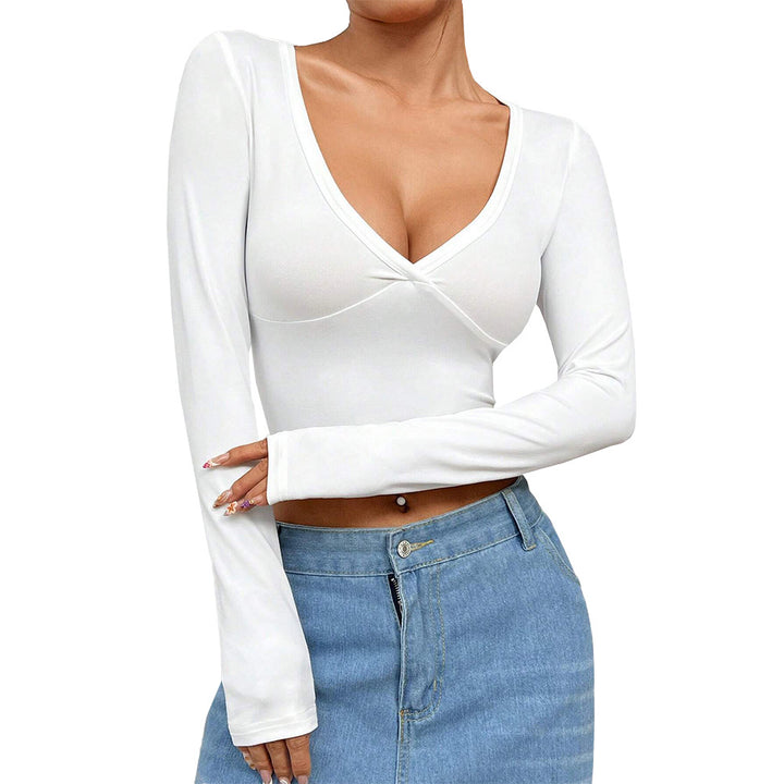 Kvinders kortærmet crop top med dyb V-hals og elegant indpakningsdesign Stilla