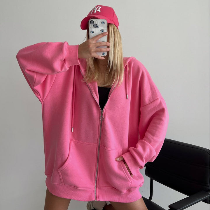 Kvinders oversized hættetrøje jakke med fuld lynlås og store lommer Skovae
