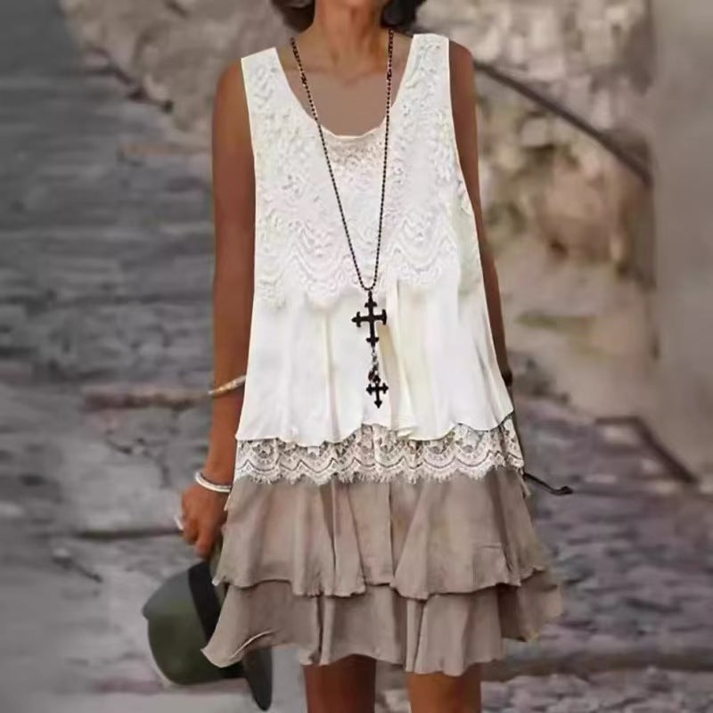 Dame Sommer Midi-Kjole med Ruffles detaljer og Spitze Stilla