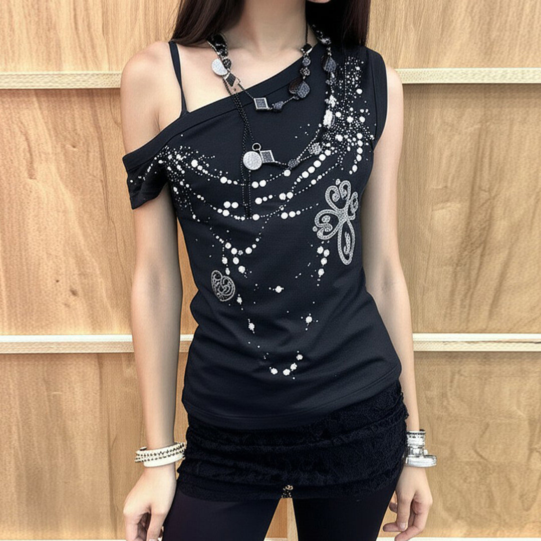 Damen asymmetrisches Tanktop mit stylischem Druck und verzierten Applikationen Skovae