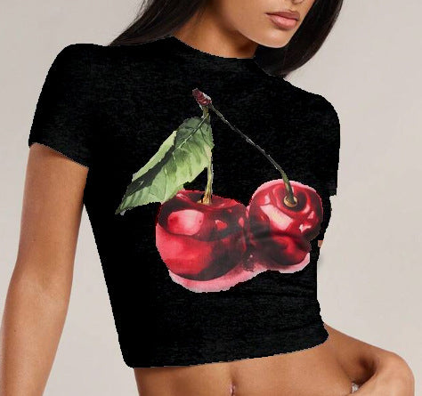 Dame Crop-T-Shirt med frugtrigt kirsebærmotiv og tætsiddende pasform Skovae