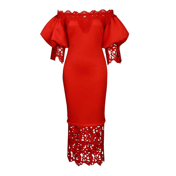Dame Off-Shoulder Kjole med elegant blondeafslutning og figursyet snit Stilla