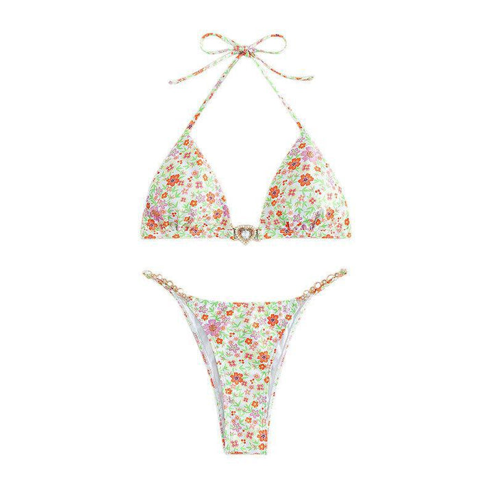 Dame triangel-bikini med dekorative kædetræk og florale accenter Skovae