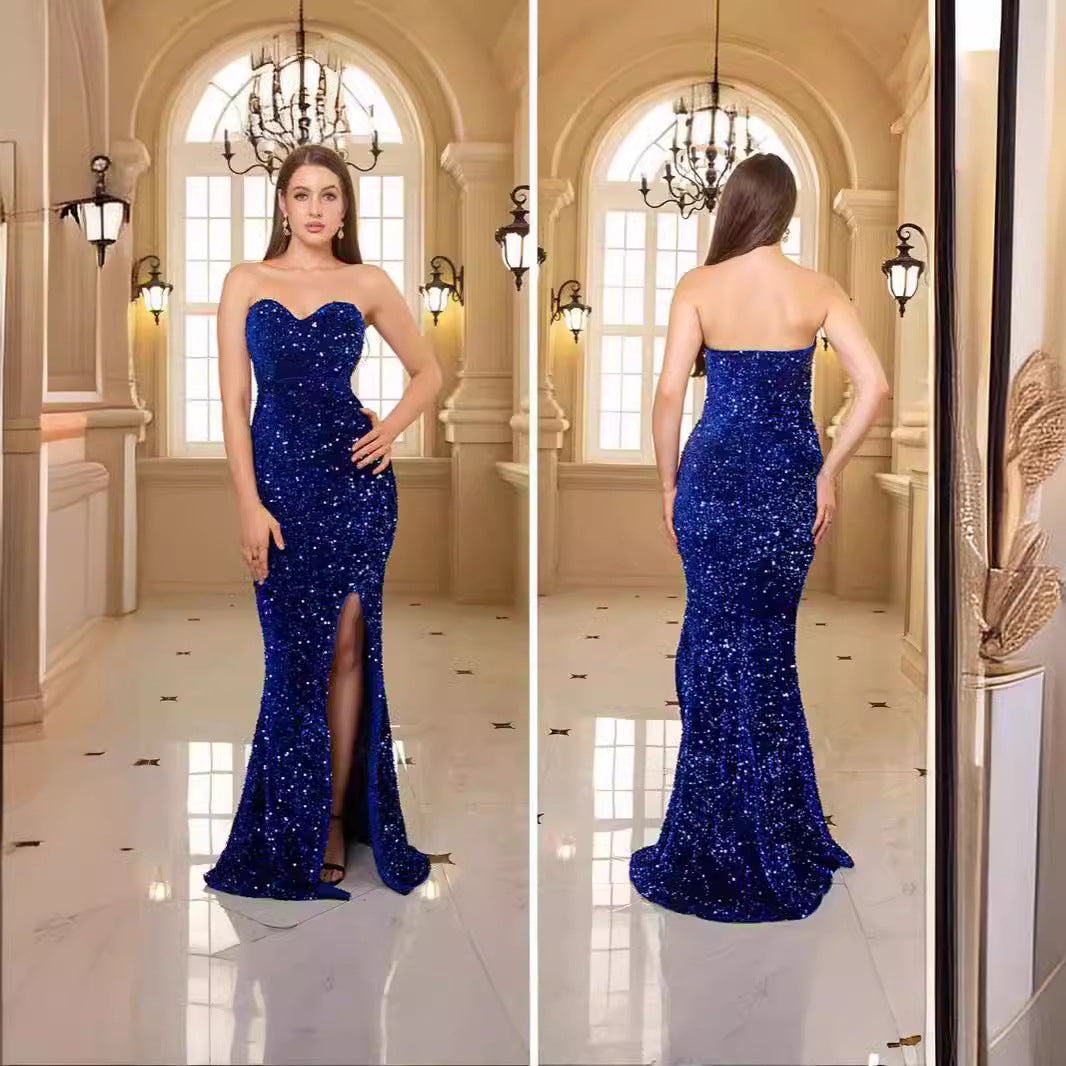 Kvindernes glamourøse aftenkjole med off-shoulder design og glitrende pailletter Skovae
