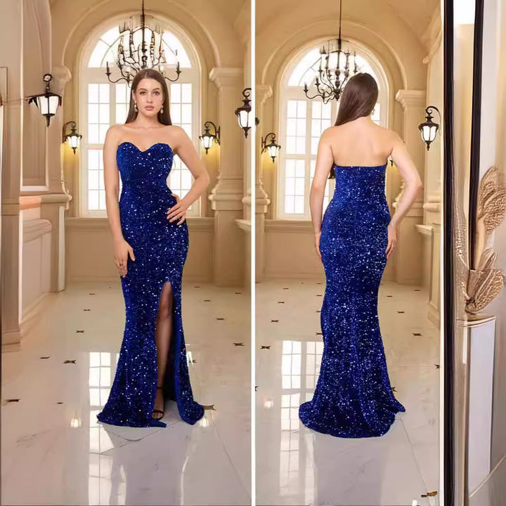 Kvindernes glamourøse aftenkjole med off-shoulder design og glitrende pailletter Skovae