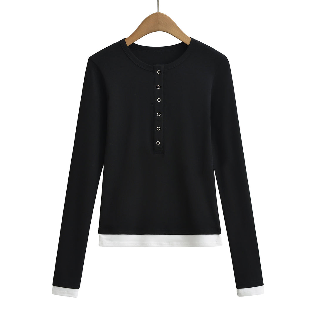 Dame langærmet Henley-shirt med knaplignende udskæring og sidelayouts i kontrast Stilla
