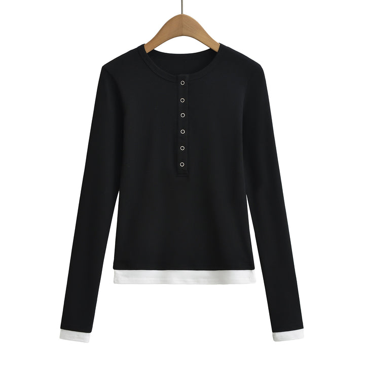 Dame langærmet Henley-shirt med knaplignende udskæring og sidelayouts i kontrast Stilla
