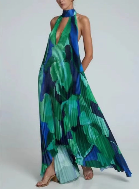 Dame Plisseret Maxikjole med Halterneck-design Stilla