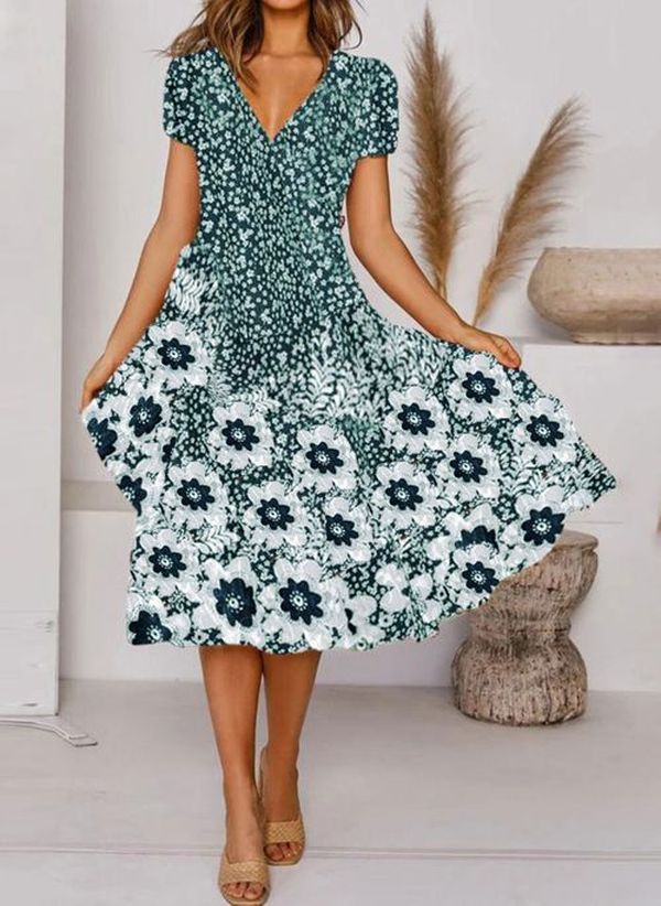 Dame fritidsmaxikjole med blomstermotiver og V-udskæring Stilla