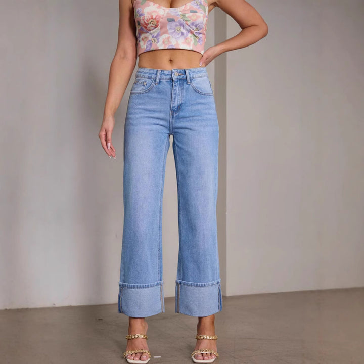 Dame brede jeans med frynset sømme og høj talje Stilla