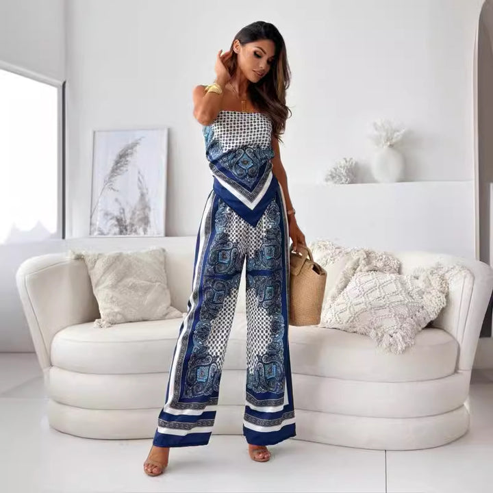 Dame elegant jumpsuit med raffineret print og brede ben Stilla