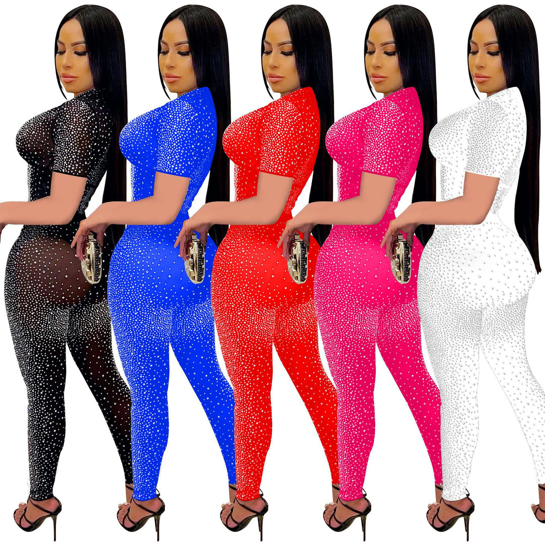 Dame Funklende Crop-Top og Leggings Sæt med Rhinesten Stilla
