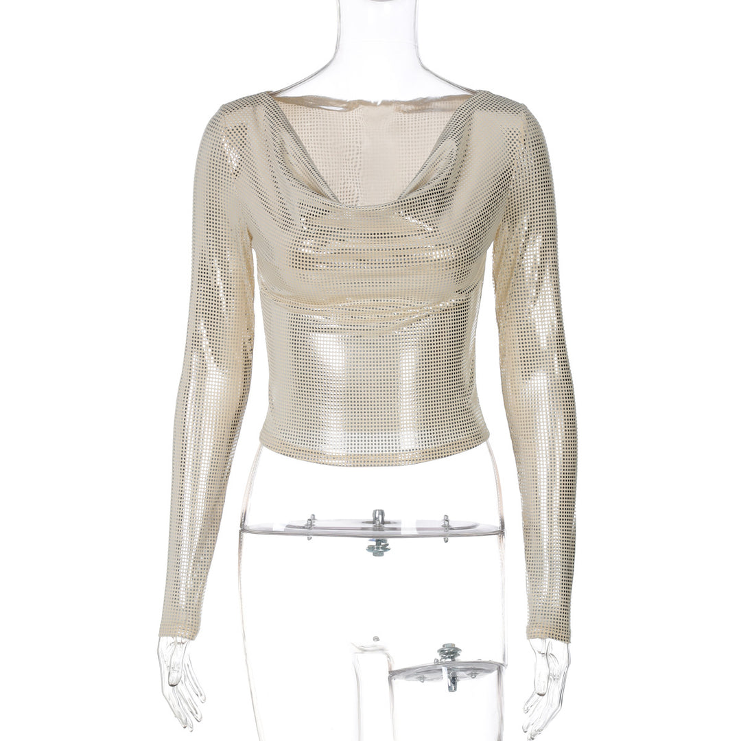 Dame Elegant Langærmet T-shirt med indvævet mesh og raffinerede draperinger Stilla