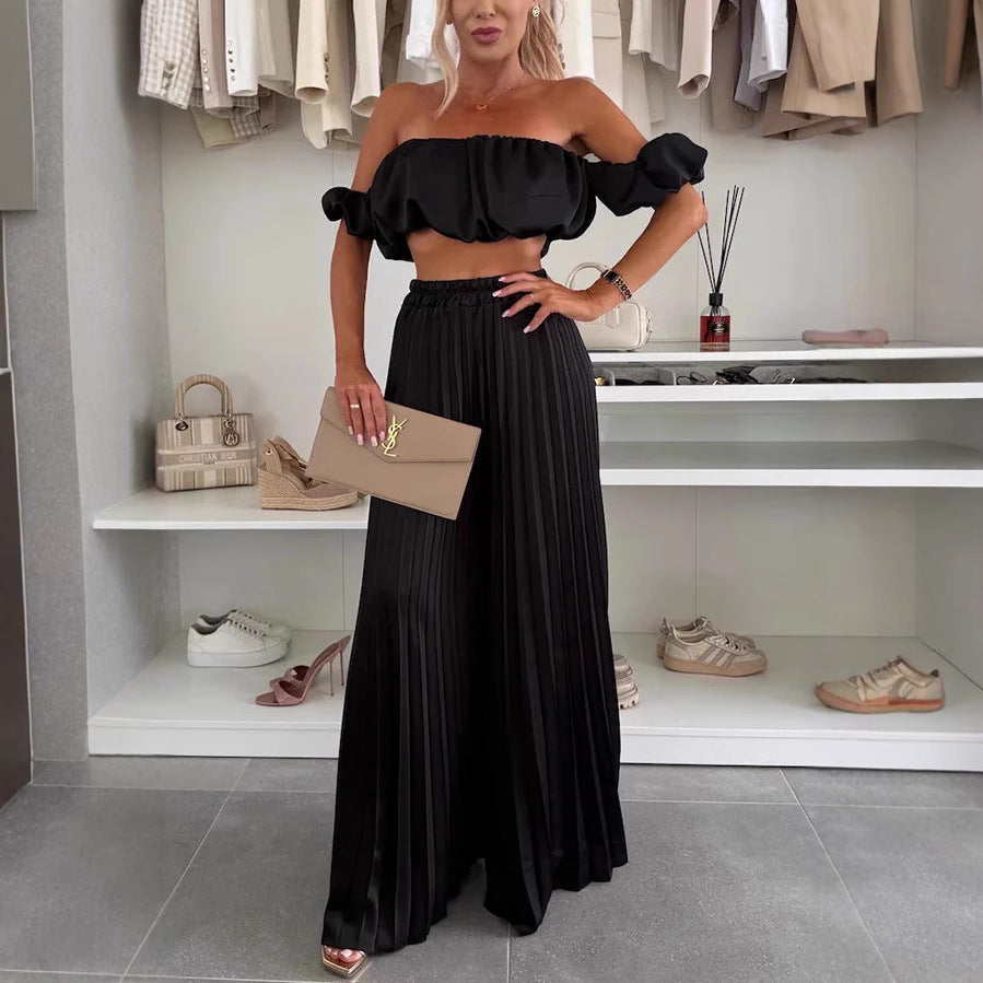 Dame Plisseret Maxi Nederdel og Off-Shoulder Crop Top Sæt Stilla
