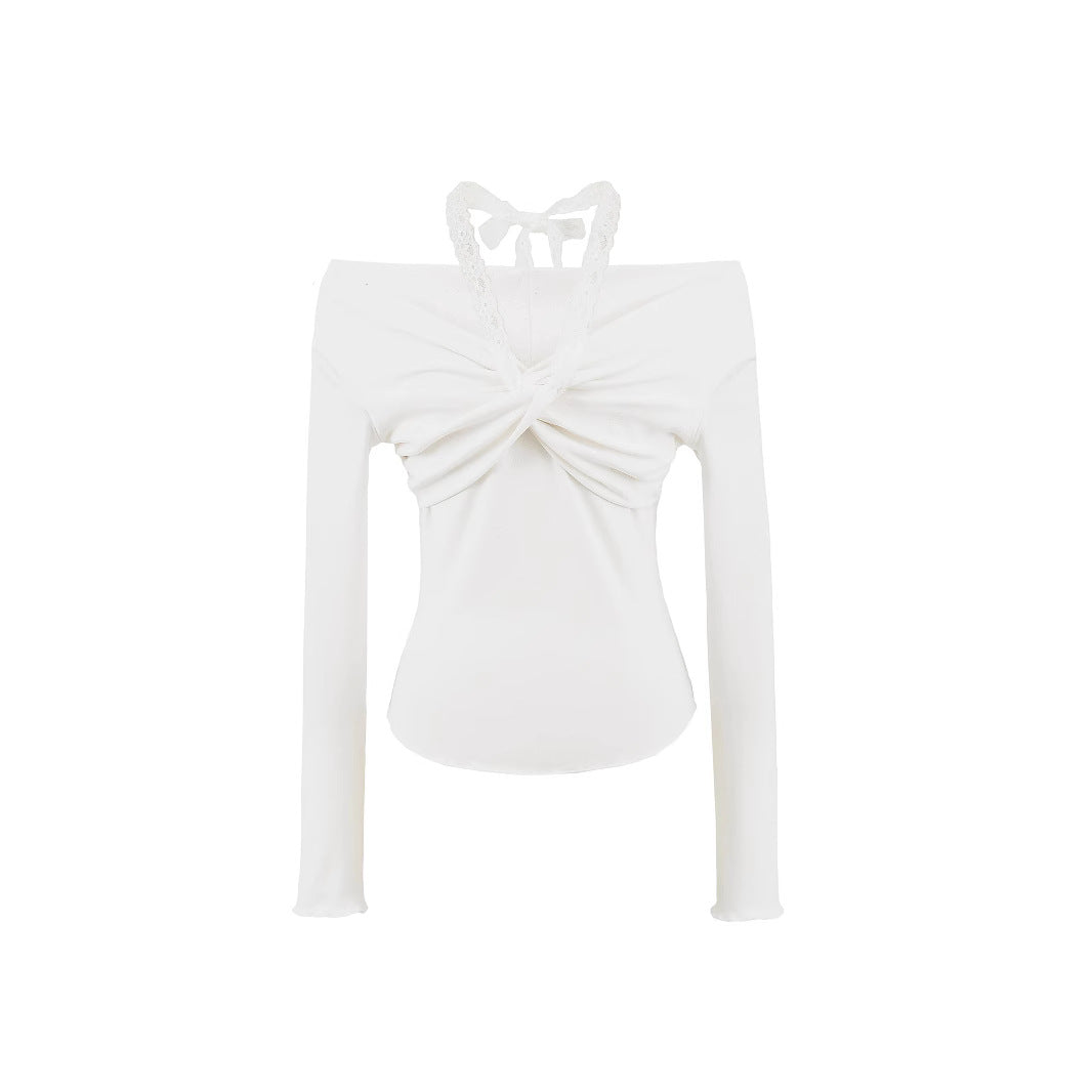 Dame Off-Shoulder Langærmet bluse med raffineret knudedetalje og sart blondeudsmykning Stilla