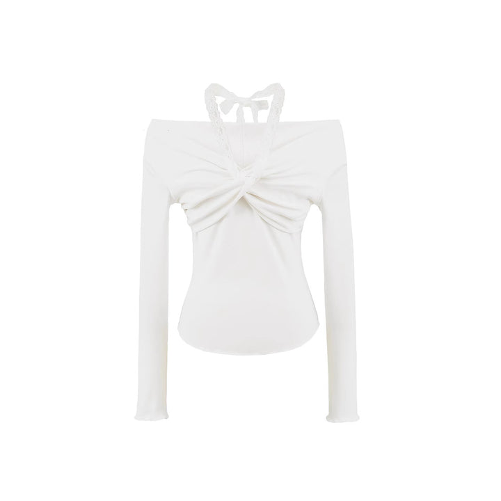 Dame Off-Shoulder Langærmet bluse med raffineret knudedetalje og sart blondeudsmykning Stilla