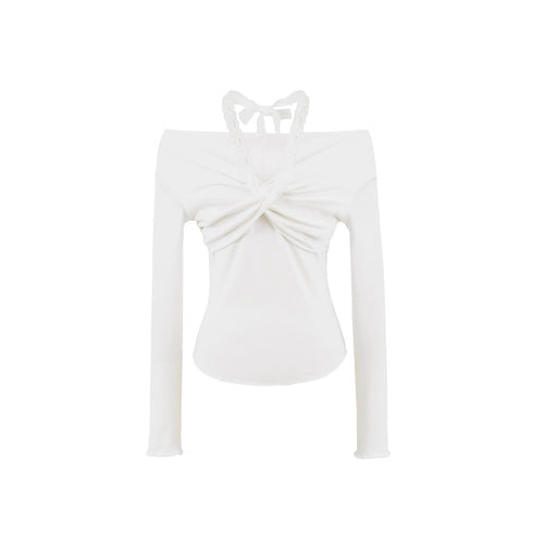 Dame Off-Shoulder Langærmet bluse med raffineret knudedetalje og sart blondeudsmykning Stilla