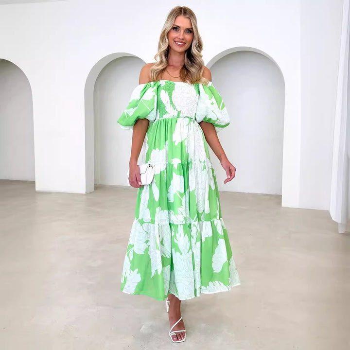 Dame Maxikjole med off-shoulder snit og luftige puffærmer Stilla