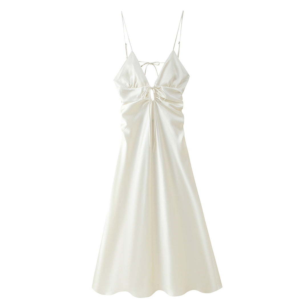 Femme Spaghetti-strop Satin Maxi-kjole med justerbart bindebånd Stilla
