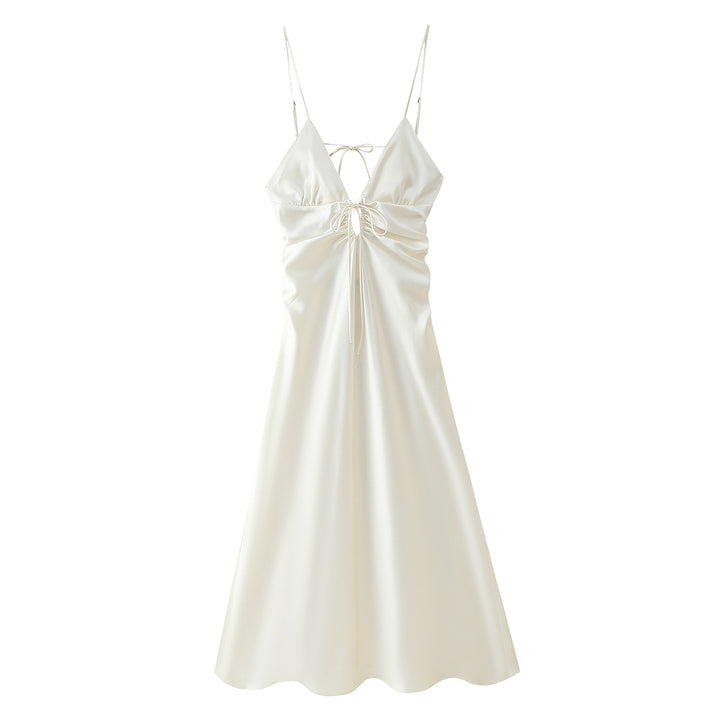 Femme Spaghetti-strop Satin Maxi-kjole med justerbart bindebånd Stilla