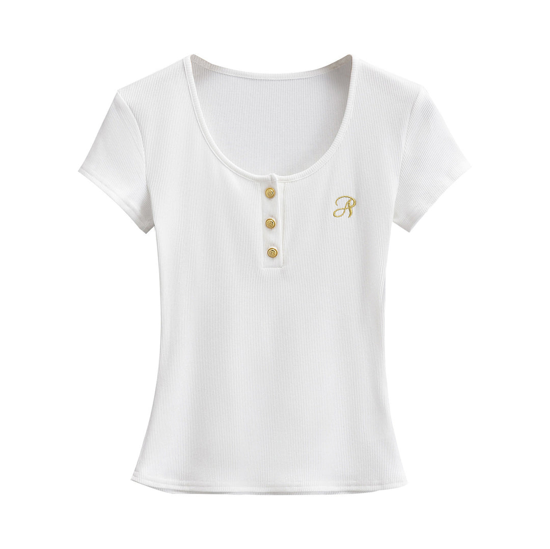 Dame Kortærmet T-Shirt med Knapdetaljer og elegant Rundhalset Stilla