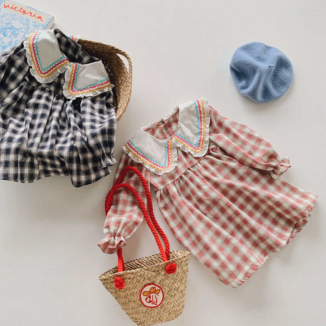 Pige Gingham Ruder Kjole med dekorativ Peter-Pan Krave Stilla