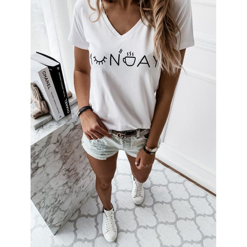 Kvinders T-shirt med kreativ tekst og afslappet V-hals Stilla