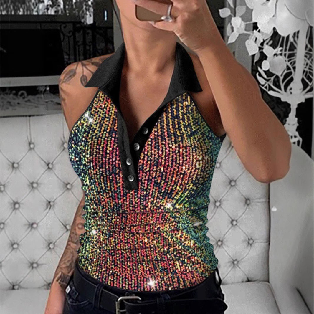 Dame Glamourøst Poloshirt med Pailletter og Leopardmønster Stilla