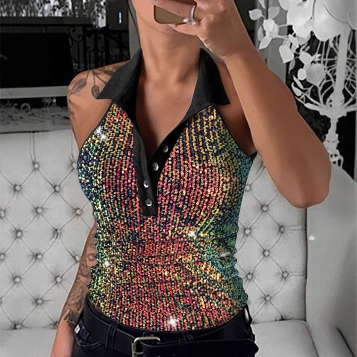 Dame Glamourøst Poloshirt med Pailletter og Leopardmønster Stilla