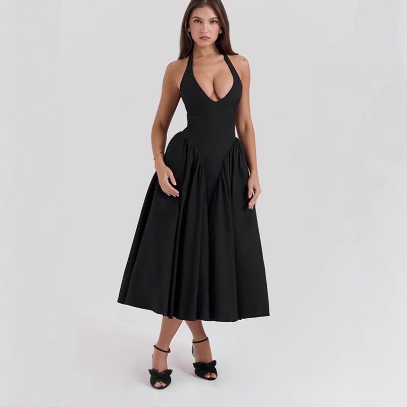 Dame nan figurskabende halterneck-bustier-midi-kjole med taljeret livform og vidde skørt Skovae