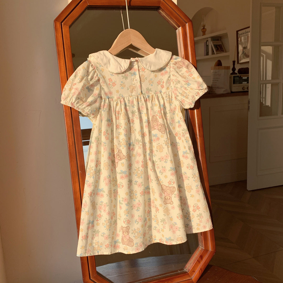 Pige blomstertrykt puffermedress med bjørnsbroderi Stilla