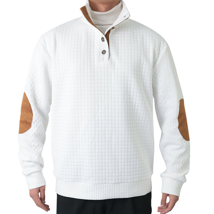 Herrer nan halvknap-ståkrave sweater med vaffelmønster og læderbesætning Skovae